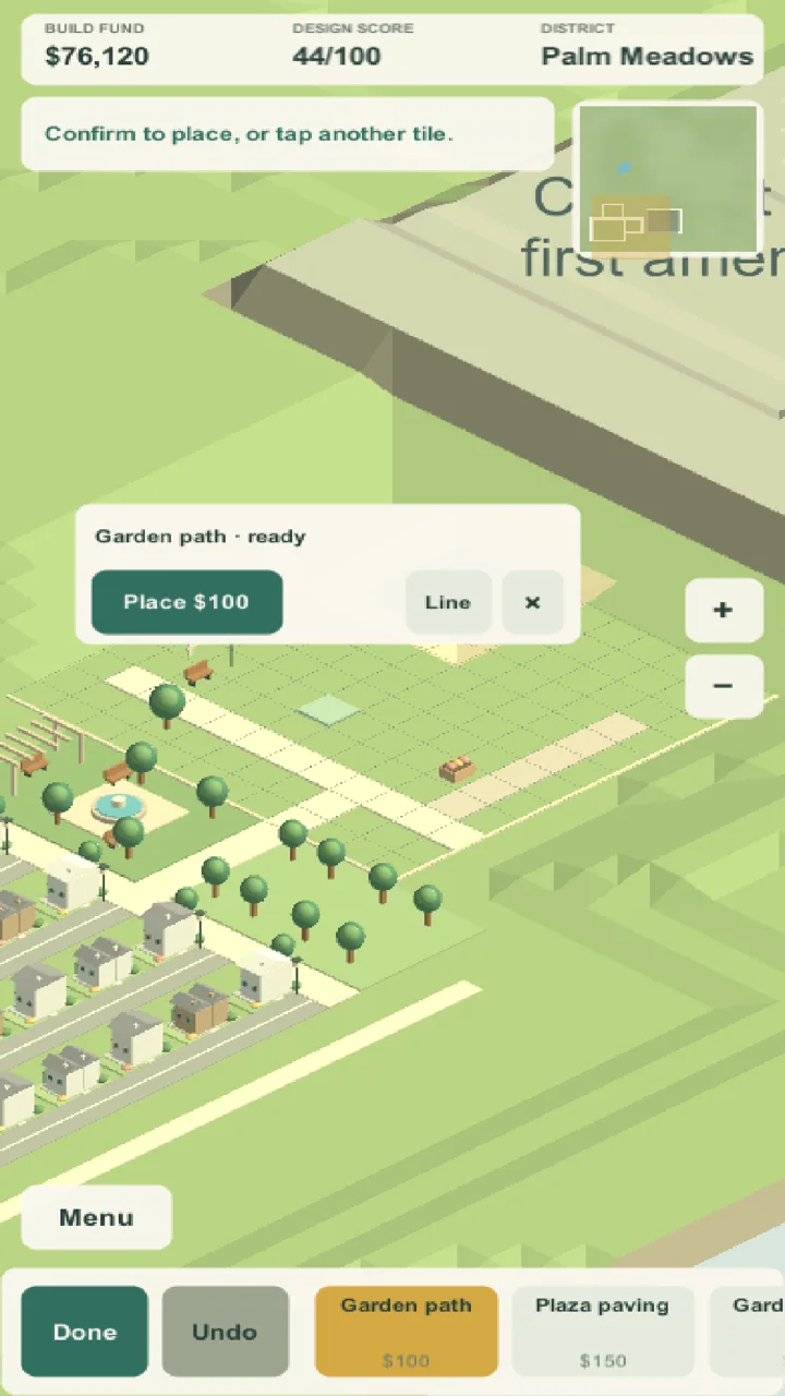 Isometric neighborhood with a garden path being placed; a tool tray at the bottom shows garden path and plaza paving options.