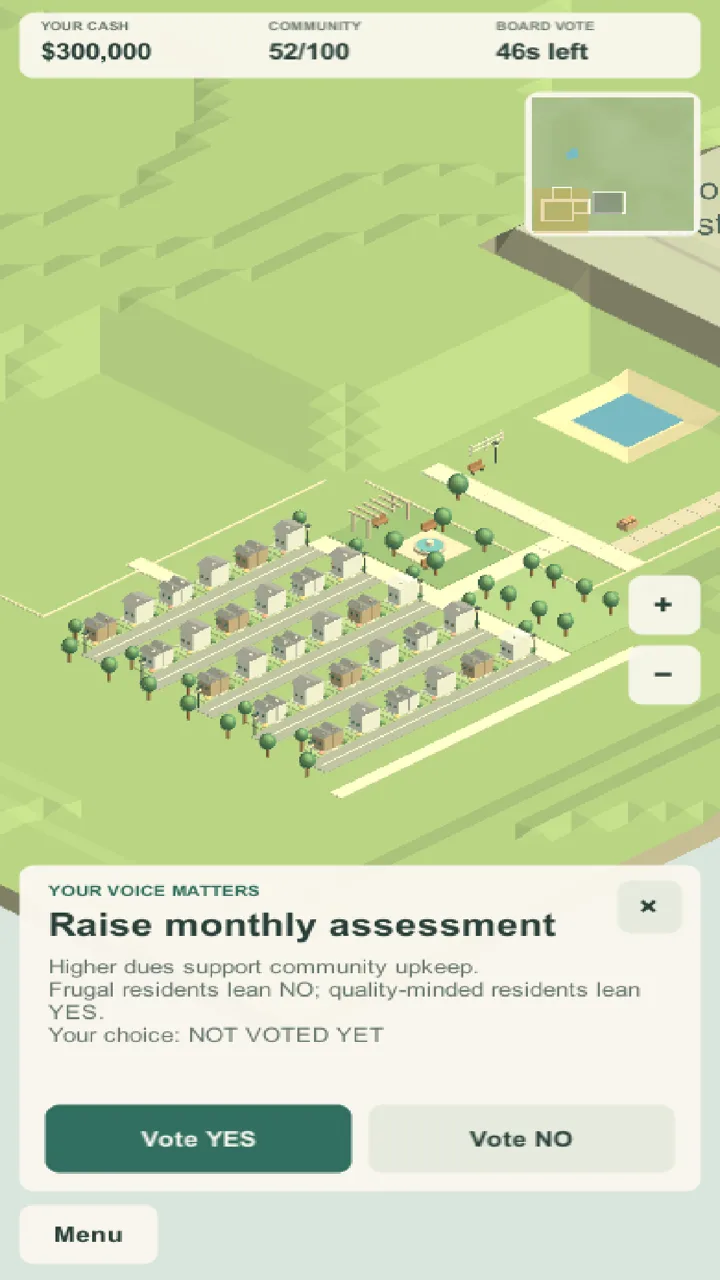 A community vote card titled 'Raise monthly assessment' with Vote YES and Vote NO buttons over a neighborhood map.