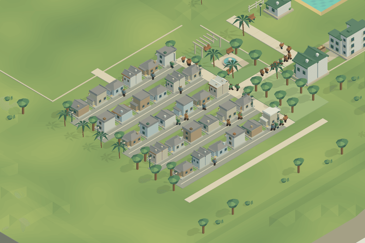 Actual Unity render showing ranches, villas, cottages, townhomes and duplexes with varied coastal planting